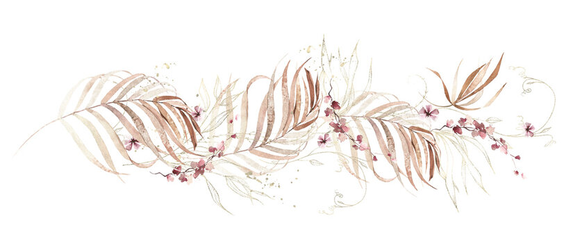 Watercolor autumn exotic foliage border. Fall orange, yellow, beige tropical palm branches, pink, red floral twigs, leaves, golden texture elements. Boho style hand drawn clipart design.