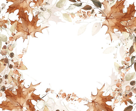 Watercolor hand painted autumn foliage corner frame. Red, beige, brown autumn wild greenery, eucalyptus branches, maple leaves and twigs. Dry plants template design.