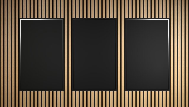 Fast food digital menu board mockup on modern wooden slat wall - 3D rendering