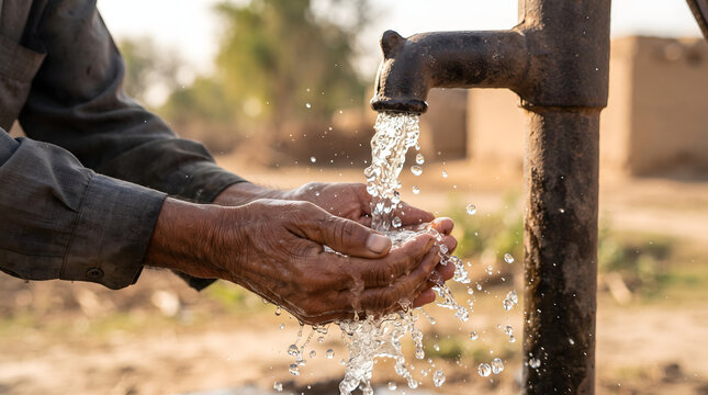A close-up photograph of weathered, wrinkled hands catching clean, fresh water flowing from a rustic, rusty metal hand pump. The warm natural sunlight highlights the splashing water droplets, repre...