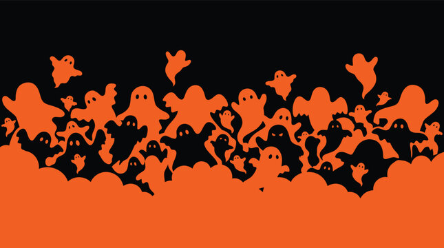 A festive halloween illustration featuring a group of cute cartoon ghosts and dark silhouettes gathered together against a vibrant orange background backdrop