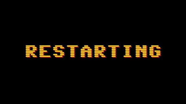 RESTARTING text displayed in pixelated font with retro video game aesthetic on a dark background, signifying a system reboot or process initiation
