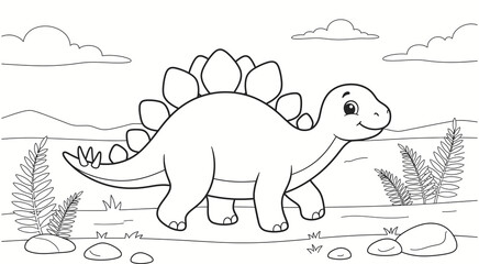 Stegosaurus dinosaur illustration in a simple black and white line drawing style © Razia
