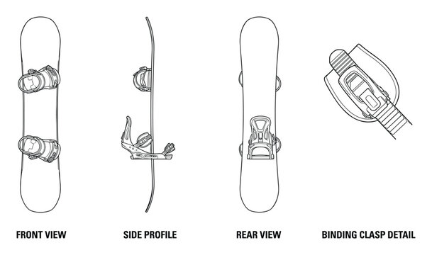 Snowboard with bindings and strap detail for winter sports and outdoor recreation.