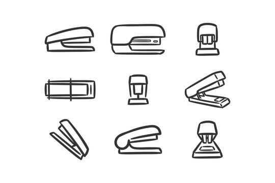 A collection of hand drawn stapler icons illustrated in a simple black and white sketch style