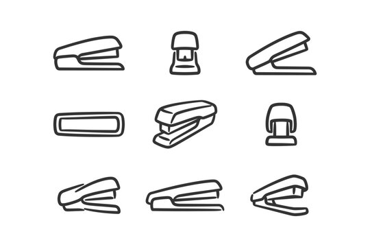 A collection of various hand drawn stapler icons isolated on a white background