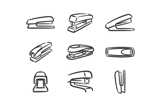 A collection of various office stapler icons illustrated in a simple black ink sketch style