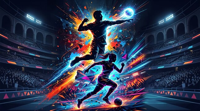 Multi sport athletes silhouettes in action with explosive neon light splash and stadium arena background vector artwork