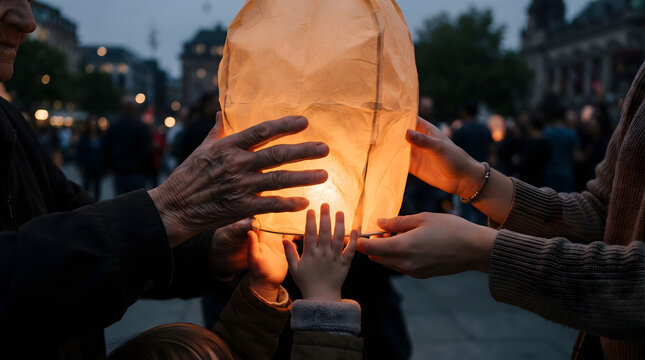 Close-up of hands from three generations&mdash;a grandparent, parent, and young child&mdash;gently holding a glowing orange sky lantern together at dusk during a community festival, representing family unity,...