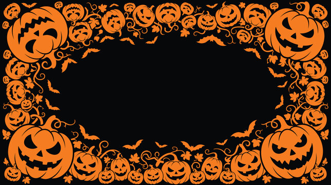 A festive halloween border frame featuring a collection of carved orange jack o lanterns isolated against a deep dark blue background