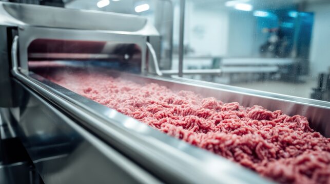 Ground Pork Pack Ground meat is processed on a conveyor belt inside a clean industrial food production facility.