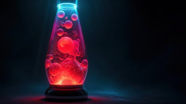 Glowing red lava lamp with vibrant liquid and floating bubbles in dark room