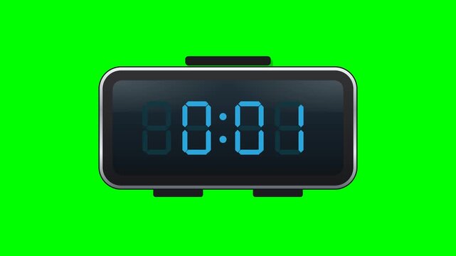 Flat vector digital alarm clock like the reference on solid chroma green background: chrome silver rounded rim, dark body, dark blue LCD screen with soft elliptical glass shine that starts from the to
