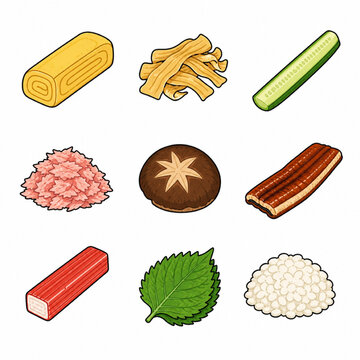 Nine sushi roll fillings shown as separate ingredients in a tidy 3x3 mini grid