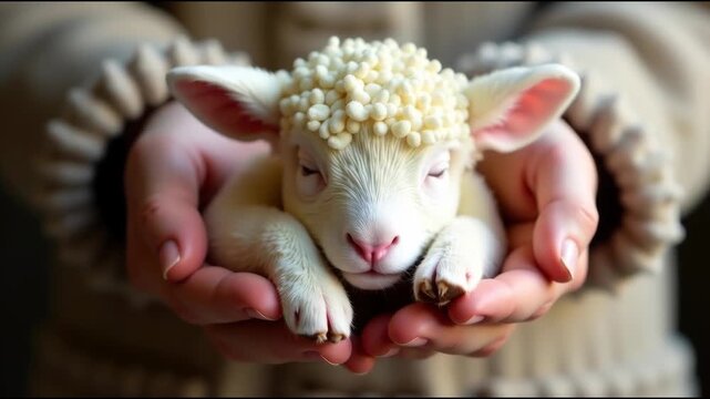A person holds a lamb in their hands