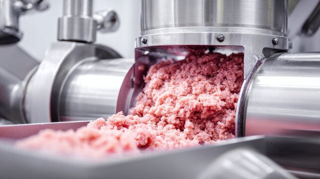 Ground Pork Pack Meat processing machine grinding raw meat into minced form in a food production facility.