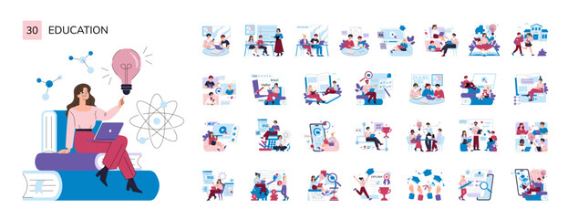 Plakat Education set with student learning online and school scenes