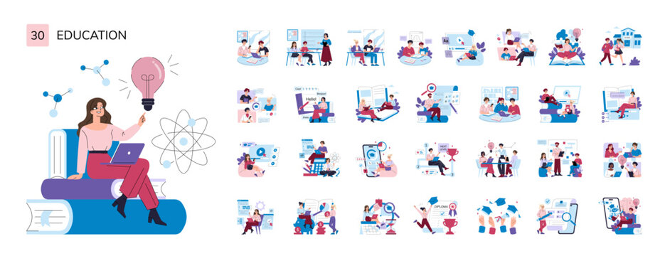 Education set with student learning online and school scenes