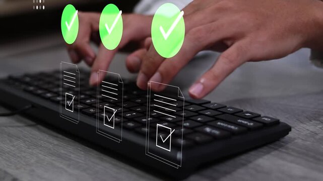 Business professional verifying digital documents with compliance inspection, quality control, and approval validation to ensure accuracy, regulatory standards, and reliable document management.