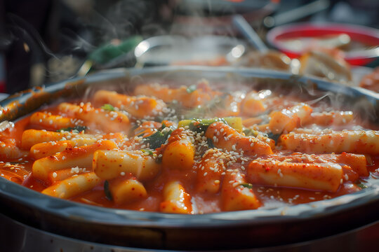 Steaming tteokbokki rice cakes in spicy gochujang sauce at a Korean street market
