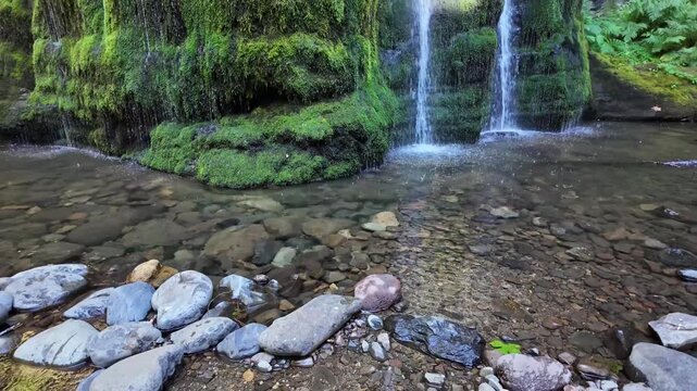 4K smooth stabilized footage of beautiful Spirit Falls in Oregon, USA, flowing gently over a lush moss-covered rock formation in an evergreen forest during the dry late summer season