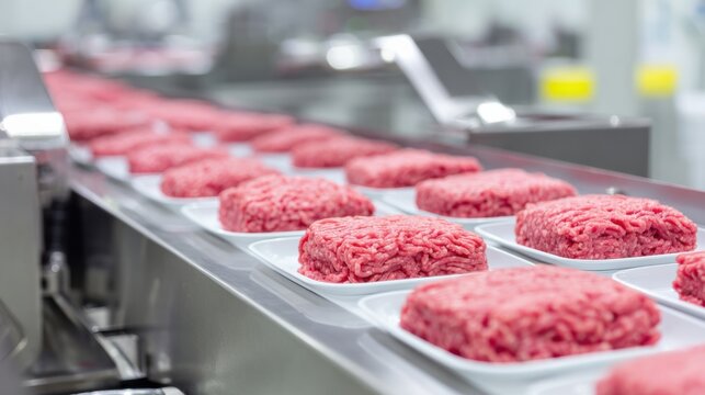 Ground Pork Pack Raw hamburger patties lined up on trays moving along a conveyor belt in a food processing factory.