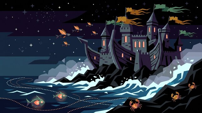 Dark gothic castle on ocean cliffs with flying fish and crabs