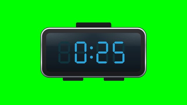 Flat vector digital alarm clock like the reference on solid chroma green background: chrome silver rounded rim, dark body, top snooze bar firmly attached to the main body with no gap, dark blue LCD sc