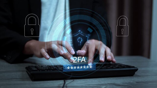 User enabling two-factor authentication (2FA) laptop for secure login. Cybersecurity concept with digital password protection and identity verification technology.