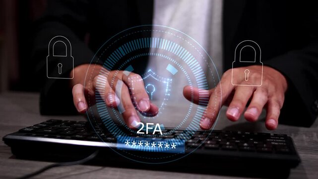 User enabling two-factor authentication (2FA) laptop for secure login. Cybersecurity concept with digital password protection and identity verification technology.
