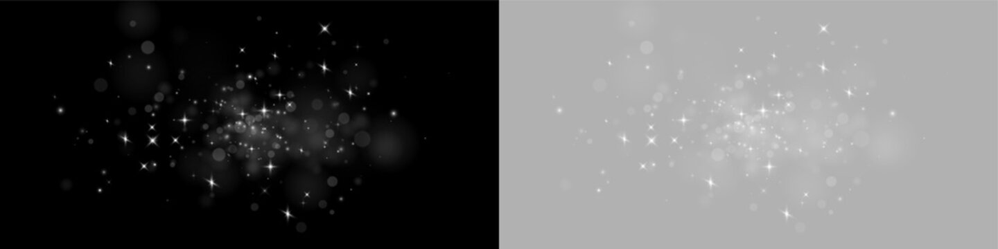 Dense cluster of twinkling white sparkles scattered on a deep black background. Numerous sharp star shapes intermingle with soft glowing bokeh orbs. Ideal for festive, magical, or cosmic.