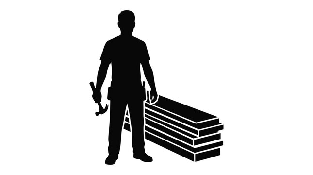 Carpenter with hammer and lumber stack black silhouette on white background