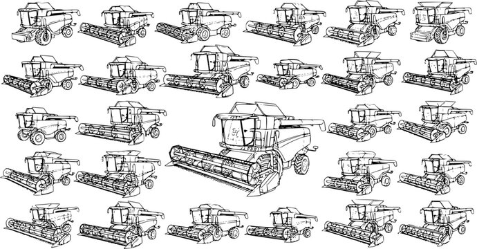 Sketchy line art collection of combine harvesters and agricultural machinery for farming, harvesting, and modern industry on a white background