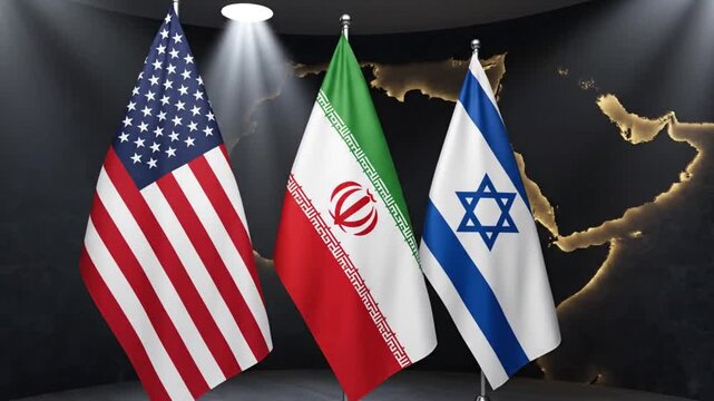 Flags of the United States, Iran, and Israel displayed on poles in a professional studio with a world map backdrop.