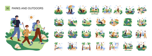 Fototapeta premium Hikers walking with backpacks in park outdoors vector set