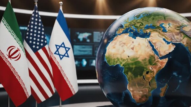 Flags of Iran, the United States, and Israel standing beside a large illuminated globe in a news studio setting.