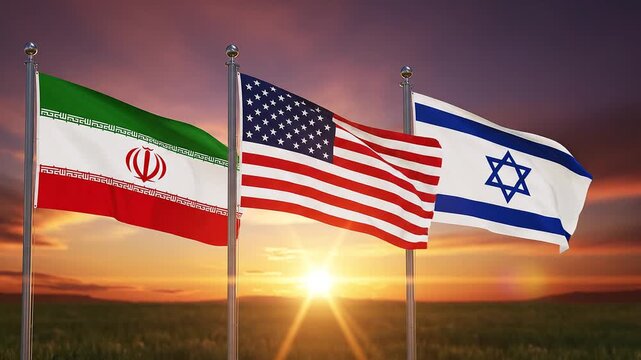 Waving flags of Iran, the United States, and Israel on poles during a dramatic sunset in an open field landscape.