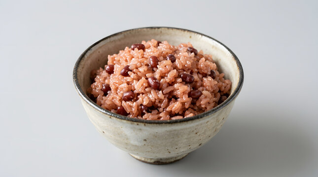 和陶器のお茶碗にふっくらと盛られた伝統的なお赤飯（小豆ご飯）