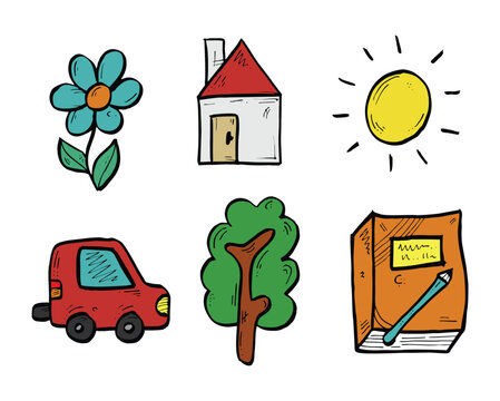 Doodle style illustrations of a flower house sun car tree and open book