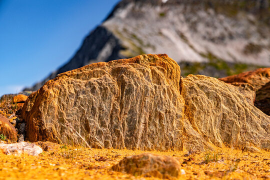 A beautiful orange rock pattern close-up. A summer landscape of a protected nature reserve Kallskaret in World Heritage Area in Western Norway.
