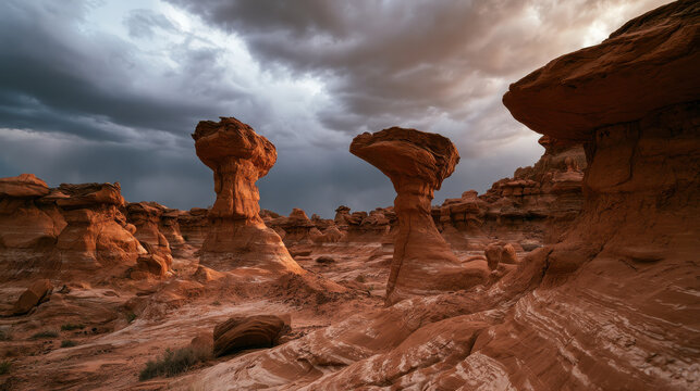 Majestic sandstone mushroom rock formations in a desert landscape