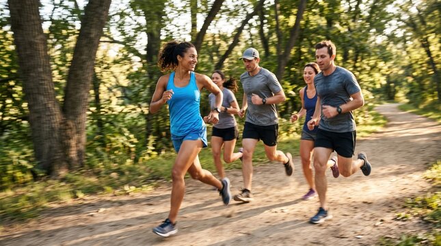 Diverse group of athletic friends jogging together on nature trail in sunny park