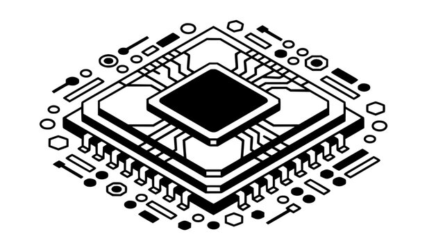 Isometric black and white microchip vector with geometric electronic component details