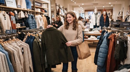 Obraz premium Happy young woman shopping for winter coat holding paper bag in retail clothing store