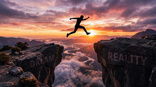 Silhouette of man jumping across mountain chasm from dream to reality at sunset