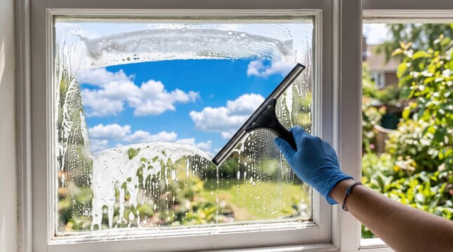 Hand with squeegee cleaning soapy window revealing bright blue sky and green garden