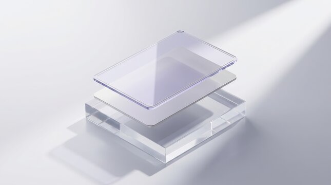 Stack of transparent acrylic blocks with shadow on a light gray background