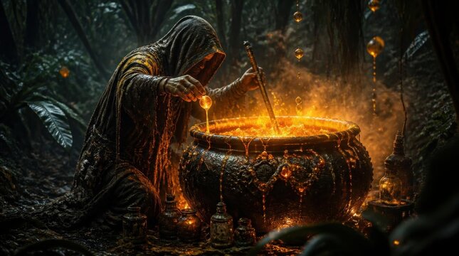 Hooded wizard brewing magic potion in cauldron inside dark forest