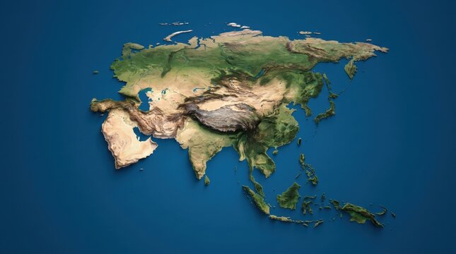 A 3D rendered relief map of the Asian continent showing detailed terrain and mountains.