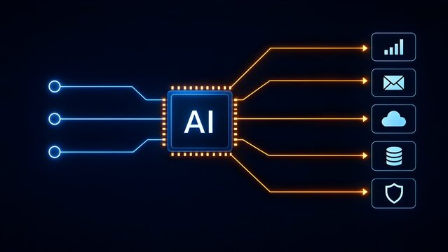 Artificial intelligence data processing diagram with a central AI chip receiving three inputs and generating five outputs for analytics cloud and security